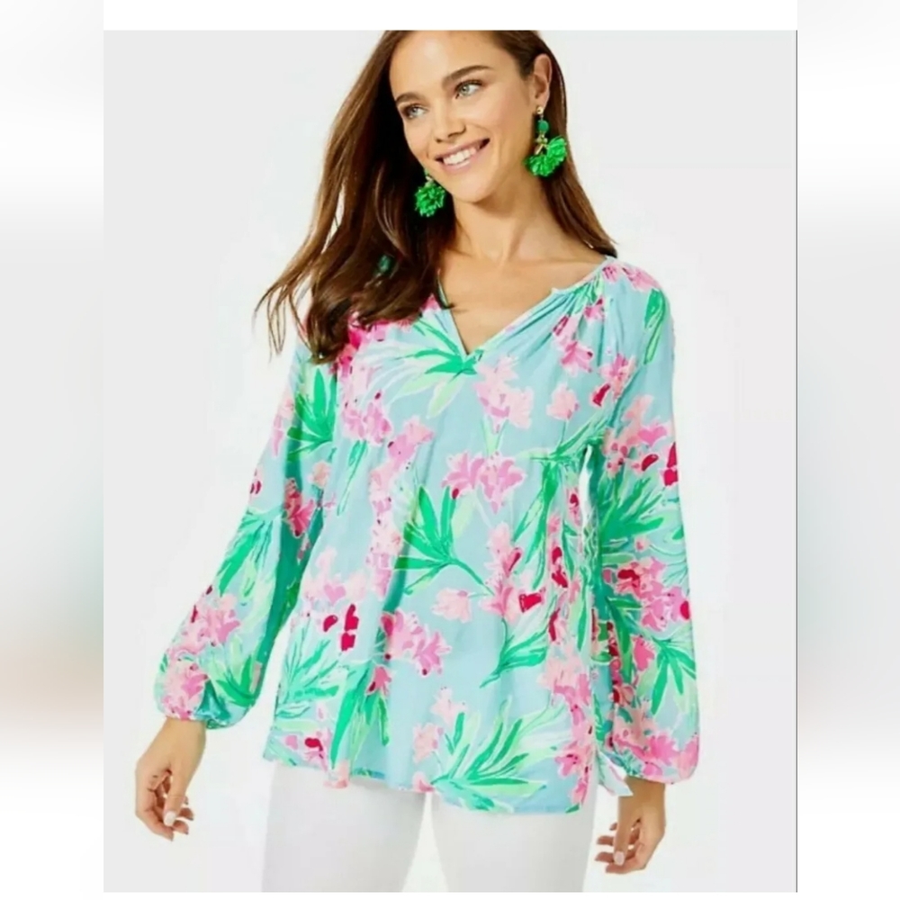 Lilly Pulitzer Womens Blue Floral Long Sleeve Tunic Shirt Size XXS NWT